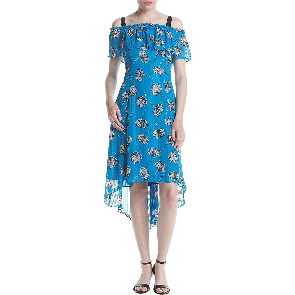 Jones New York Blue Floral High Low Cold Shoulder Statement Maxi Dress Size 8